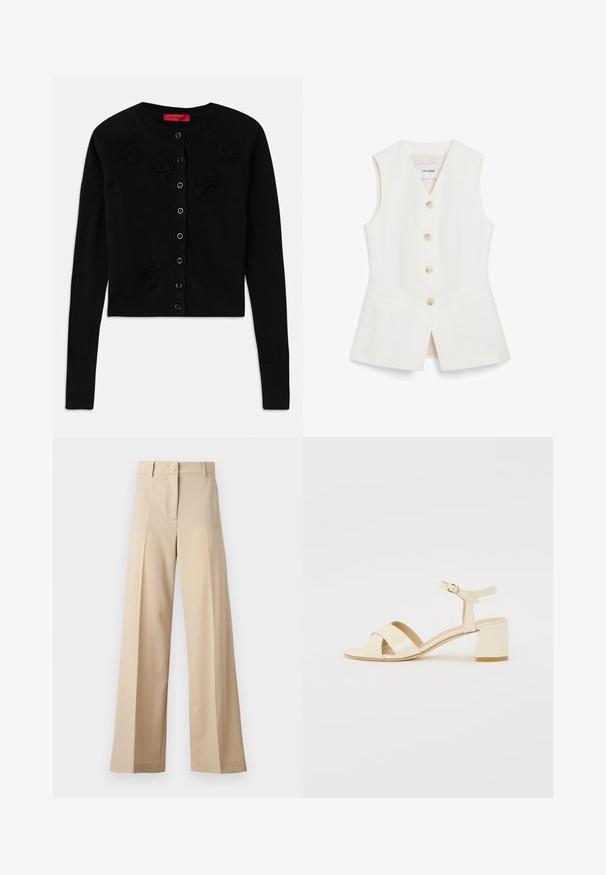 Czarny krótki kardigan z długimi rękawami, z okrągłym dekoltem, czarnymi aplikacjami w kształcie kwiatów i zapięciem na guziki. Gładka tekstura, ściągacze na rękawach.; Biała bezrękawnik o dopasowanym kroju, z sześcioma okrągłymi guzikami i dwiema przednimi kieszeniami. Wykonana z gładkiego materiału o czystym wykończeniu.; Beżowe spodnie o szerokich nogawkach wykonane z gładkiego materiału, z płaskim przodem i zakładkami, z zapięciem na zamek i pętelkami na pasek. Dopasowany krój.; Beżowe sandały na obcasie z lakierowanej skóry z krzyżowym paskiem, otwartym noskiem, regulowanym paskiem na kostkę i blokowym obcasem. Gładka faktura.