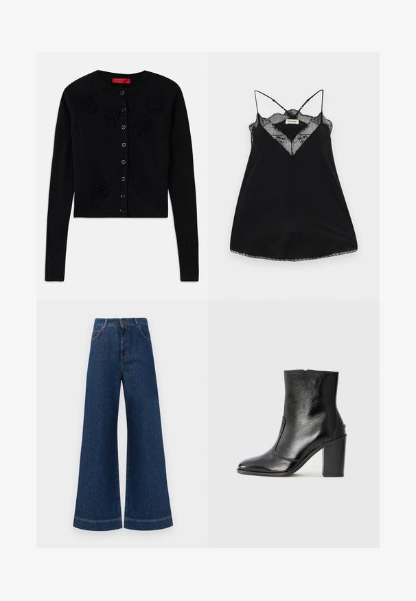 Schwarze kurz geschnittene Strickjacke mit langen Ärmeln, rundem Ausschnitt, schwarzen Blumenapplikationen und Knopfverschluss. Glatte Textur, gerippte Bündchen.; Schwarzes Trägertop mit verstellbaren Trägern, ausgestattet mit einem Spitzen-Ausschnitt und gewellten Kanten. Glattes Material mit leichtem Glanz.; Weite blaue Jeans aus Denim mit hoher Taille, ausgestattet mit einem Knopfverschluss, Gürtelschlaufen und dezenten Stichdetails an den Taschen und Säumen.; Schwarze Leder-Stiefelette mit glatter Textur, spitzem Fuß und klobigem hohen Absatz. Verfügt über eine seitliche Öffnung und ein minimalistisches Design.