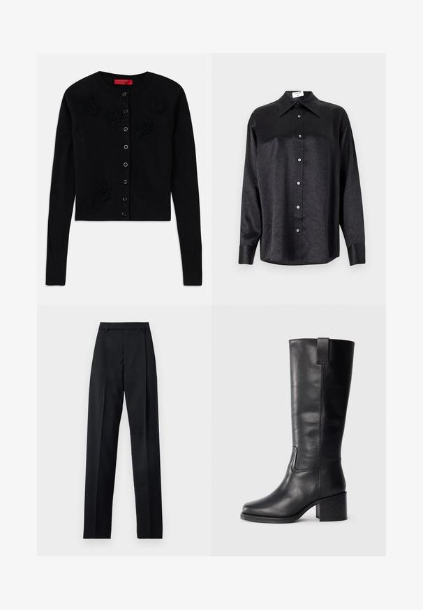Black cropped cardigan with long sleeves, featuring a round neckline, black flower appliqués, and button closure. Smooth texture, ribbed cuffs.; Black long-sleeve shirt with a collared neckline, featuring a crinkled texture, full button front, and cuffs. Made from a smooth fabric.; Black trousers made from smooth fabric featuring a high waist, wide legs, front pleats, and classic belt loops. No side pockets visible.; Black leather knee-high boots with a smooth texture, square toe, block heel, and side pull tab, featuring minimal stitching details.