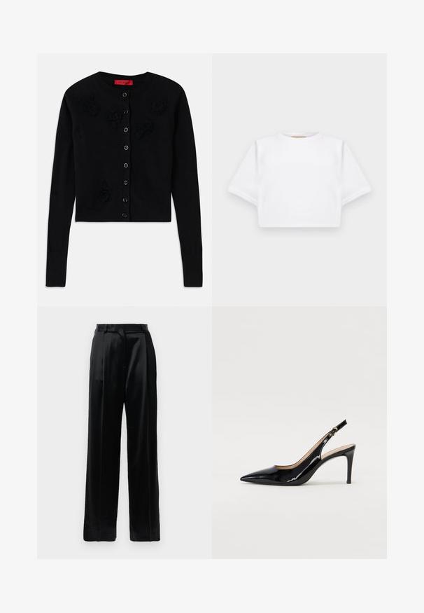 Cárdigan negro corto con mangas largas, que presenta un escote redondo, aplicaciones de flores negras y cierre de botones. Textura suave, puños acanalados.; Camiseta blanca corta hecha de una tela suave, con mangas cortas, escote redondo y detalles de ribete en el dobladillo. Diseño simple y sin adornos.; Pantalones de satén negros de tiro alto con piernas anchas rectas, presillas para cinturón y cierre frontal plano sobre un fondo blanco liso.; Zapatos de charol negro con tirante al tobillo, punta afilada, tacón delgado y un diseño de corte sutil. Presenta una hebilla dorada en la correa.