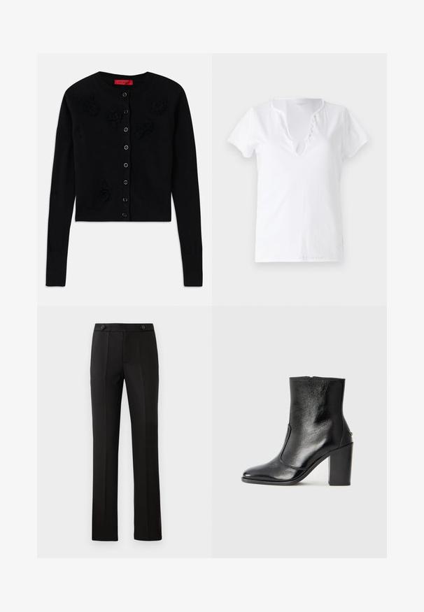 Black cropped cardigan with long sleeves, featuring a round neckline, black flower appliqués, and button closure. Smooth texture, ribbed cuffs.; White cotton t-shirt with short sleeves, a relaxed fit, and a V-neckline featuring a placket with five decorative buttons.; Black tailored trousers with a straight leg, two front pockets, a button closure, and pleat detailing on the front. Smooth fabric texture.; Black leather ankle boot with a smooth texture, pointed toe, and a chunky high heel. Features a side opening and minimalistic design.
