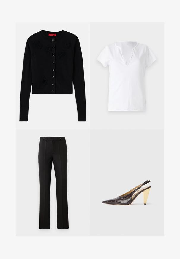 Cardigan nero cropped con maniche lunghe, dotato di scollatura rotonda, applicazioni floreali nere e chiusura a bottoni. Texture liscia, polsini a coste.; T-shirt bianco in cotone con maniche corte, vestibilità comoda, e scollatura a V con una pettorina decorativa con cinque bottoni.; Pantaloni neri su misura con gamba dritta, due tasche frontali, chiusura con bottone e dettagli con pieghe sul davanti. Tessuto morbido.; Tacco slingback a punta in ecopelle lucida effetto coccodrillo marrone scuro. Caratterizzato da un tacco geometrico in tonalità oro e da una cinghia alla caviglia regolabile.