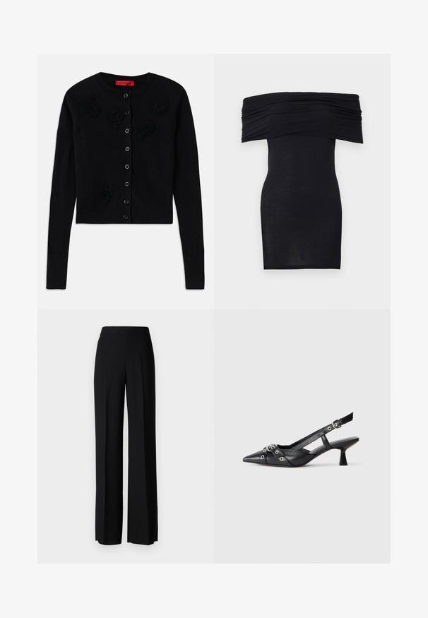 Fekete, rövidített kardigán hosszú ujjakkal, kerek nyakkivágással, fekete virágos applikációkkal és gombos záródással. Sima textúra, bordás mandzsetta.; Fekete, vállnélküli ruha, fodros dekoltázzsal, karcsú fazonnal és sima textúrával. Minimalista dizájn, térd hosszúságú, díszítések nélkül.; Fekete, széles szárú nadrág sima tapintással, magas derékkal és középen pliszével. Nincsenek látható minták vagy fém részletek.; Fekete bőr slingback cipő hegyes orral, dekoratív pántokkal, fém szemekkel és alacsony blokk sarkú. Texturált felület.