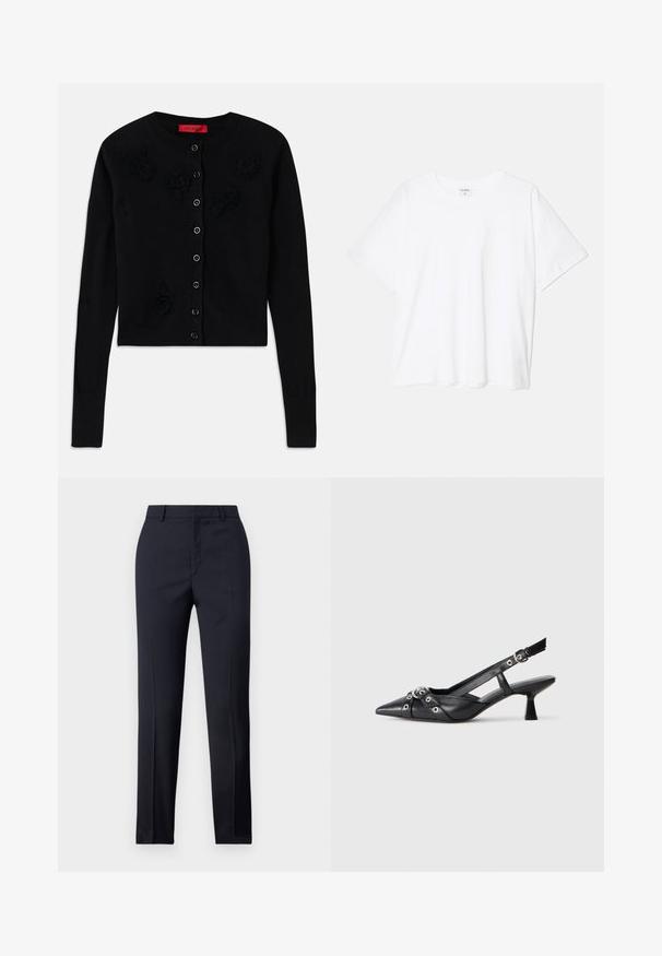 Čierny skrátený kardigán s dlhými rukávmi, okrúhlym výstrihom, čiernymi kvetinovými aplikáciami a zapínaním na gombíky. Hladká textúra, rebrované manžety.; Biely bavlnený tričko s krátkymi rukávmi, okrúhlym výstrihom, voľným strihom a prešitým lemom. Štítok viditeľný na vnútornom krku.; Námornícke nohavice s rovnými nohavicami, so hladkou textúrou, dvoma prednými vreckami a čistým pásom.; Čierne kožené slingback topánky s špicatou špičkou, ozdobnými popruhmi s kovovými očkami a nízkym blokovým podpätkom. Textúrovaný povrch.