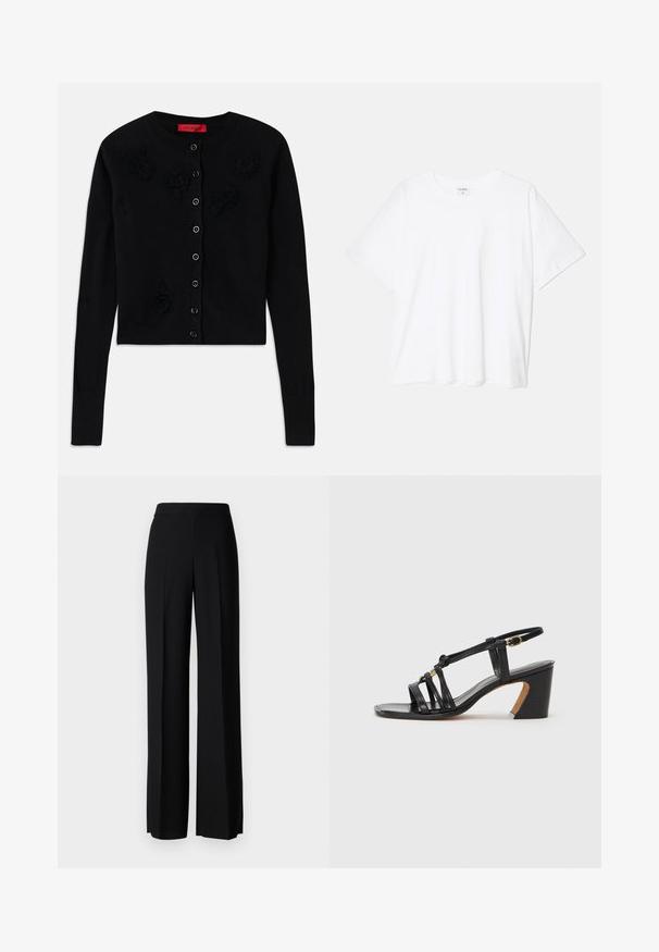 Must have musta lühike kardigan pikkade varrukatega, ümmarguse kaelusega, mustade lillede aplikeeringud ja nupplukuga. Sile tekstuur, soonikuga mansetid.; Valge puuvillane T-särk lühikeste varrukatega, ümmargune kaelus, mugav lõige ja õmmeldud serv. Silt nähtav kaela seest.; Mustad laiad püksid mustas värvitoonis, sujuva tekstuuri ja kõrge vöökoha ning keskmiste voldikutega. Ilma nähtavate mustrite või tarvikute detailideta.; Paul Smith AMIRA - Klassikalised kontsakingad - black