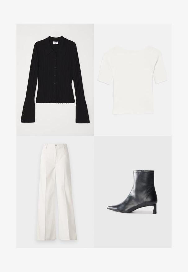 Filippa K Ζακέτα - black; Λευκή ριγέ μπλούζα κοντομάνικη με φαρδύ ντεκολτέ. Η υφή διαθέτει κατακόρυφες ρίγες, τονίζοντας τη σφιχτή εφαρμογή και τον απλό σχεδιασμό.; Λευκά παντελόνια σε φαρδιά γραμμή, κατασκευασμένα από βαμβάκι με λεία υφή. Διαθέτουν μπροστινό κουμπί, φερμουάρ και τέσσερις τσέπες.; Μαύρη δερμάτινη μπότες αστραγάλου με μυτερή μύτη και κομψό σχέδιο. Διαθέτει χαμηλό τακούνι και φερμουάρ στο πίσω μέρος. Λείο υφή.