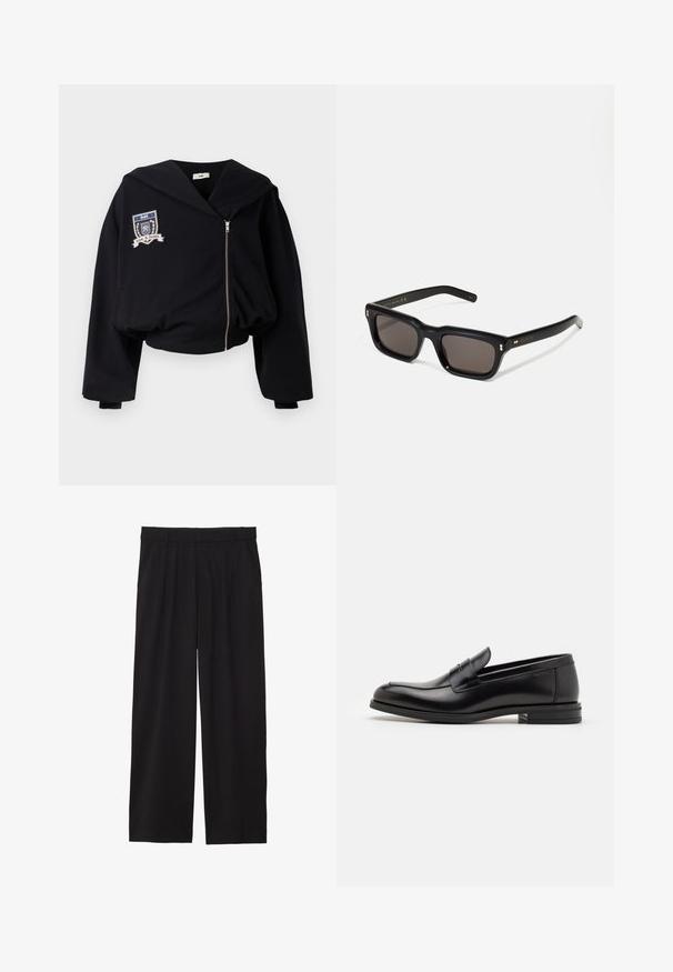 Zwarte cropped hoodie met een grote capuchon, frontale rits en een geborduurd embleem met "GmbH" en "Love & Justice." Zachte stoftextuur.; Witte katoenen tanktop met een ronde halslijn en brede bandjes, gecombineerd met lichtbeige broeken met een knoop en plooien.; Zwarte wijde broek met geplooide voorkant, zijzakken en een gladde stoftextuur. Ontworpen voor een ontspannen pasvorm.; Zwarte leren instappers met een gladde textuur, ronde neus en een decoratieve band over de wreef. Lage, gestapelde hak en minimalistisch ontwerp.; Zwarte rechthoekige zonnebril met donkere lenzen, een dik plastic montuur, gouden accenten op de veren en het merkembleem gegraveerd op de arm.