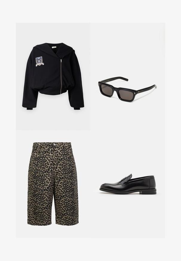 Crni skraćeni dukserica s velikim kapuljačom, prednjim zatvaračem i izvezenim grbom koji sadrži "GmbH" i "Ljubav i pravda." Mekani tekstil.; Bijela pamučna majica bez rukava s okruglim izrezom i širokim naramenicama, uparen s svijetlosmeškim hlačama koje imaju dugme i plise.; Traperice kratke hlače s leopard uzorkom u zemljanim tonovima, sa kopčanjem na dugme, pet džepova i ležernim krojem.; Crni kožni mokasini s glatkom teksturom, zaobljenim prstima i ukrasnom trakom preko prednjeg dijela. Niski slojeviti potplat, minimalistički dizajn.; Crne pravokutne sunčane naočale s tamnim lećama, debelim plastičnim okvirom, zlatnim akcentima na sljepoočnicama i logotipom marke ugraviranim na dršku.