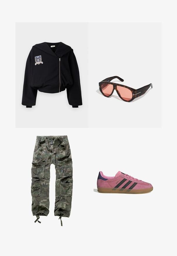 Felpa corta nera con grande cappuccio, zip frontale e ricamo di uno stemma con "GmbH" e "Love & Justice". Tessuto dal morbido tocco.; Maglietta bianca in cotone con collo rotondo, maniche corte e vestibilità comoda. Presenta un'etichetta di marca con la scritta "WEEKDAY" sul collo.; Pantaloni cargo mimetici in cotone, dotati di numerose tasche, polsini elasticizzati e una vestibilità ampia con vita regolabile tramite cordino.; Sneaker in suede rosa con strisce nere, suola in gomma e tallone texturizzato viola. Presenta un design con lacci e un marchio in rilievo sul lato.; Occhiali da sole tartarugati con lenti rosa, caratterizzati da un audace design angolare e sottili dettagli in metallo argentato sulla montatura.
