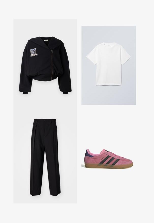 Čierna skrátená mikina s veľkou kapucňou, predným zipsom a vyšitým erbom s nápismi "GmbH" a "Láska & Spravodlivosť". Mäkká textúra látky.; Biely bavlnený tričko s okrúhlym výstrihom, krátkymi rukávmi a voľným strihom. Má značkovú etiketu s nápisom "WEEKDAY" na výstrihu.; Čierne skladané nohavice s rovnom, širokým strihom. Vyrobené z hladkého materiálu, s gombíkovým zapínaním a pútkami na opasok.; Rúžové semišové tenisky s čiernymi pruhmi, gumovou podrážkou a textúrovaným fialovým podpätkom. Obsahujú šnurovací dizajn a embosované logo na strane.