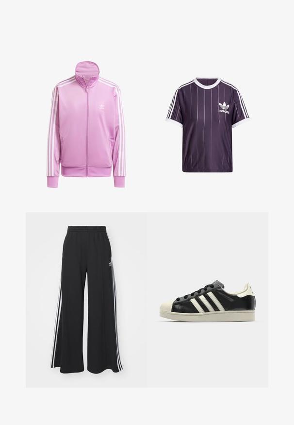Rosafarbene Zip-Jacke mit hohem Kragen, weißen Akzentstreifen an den Ärmeln und einem kleinen weißen Logo auf der Brust. Glattes, leichtes Material.; Lila Sport-T-Shirt mit weißen vertikalen Streifen, weißem rundem Kragen und weißem Adidas-Logo auf der linken Brust. Kurze Ärmel.; Schwarze weite Sweatpants mit elastischem Bund, versehen mit weißen Seitestreifen und einem gestickten Logo auf dem linken Oberschenkel.; Schwarze Ledersneaker mit weißen Streifen, Gummikappe, schwarzen Schnürsenkeln und einer cremefarbenen Sohle. Glatte Textur mit glänzender Oberfläche.