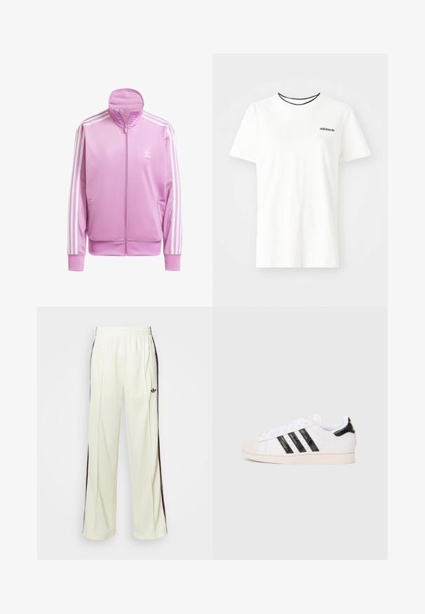Rosafarbene Zip-Jacke mit hohem Kragen, weißen Akzentstreifen an den Ärmeln und einem kleinen weißen Logo auf der Brust. Glattes, leichtes Material.; Weißes Baumwoll-T-Shirt mit kurzen Ärmeln und rundem Halsausschnitt. Mit einem schwarzen Adidas-Logo auf der Brust und einem kontrastierenden schwarzen Innenkragen.; Cremfarbene Jogginghosen mit lockerer Passform, ausgestattet mit dunkelbraunen seitlichen Streifen und einem gestickten Logo auf dem linken Oberschenkel.; Weiße Sneaker mit schwarzen strukturierten Streifen und Akzenten; verfügen über eine Gummikappe, flache Schnürsenkel und Polsterung um den Knöchel.