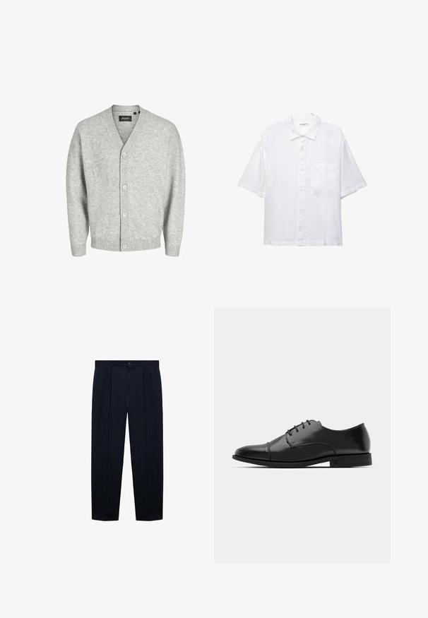 Svijetlosivi kardigan izrađen od mekog pletenog materijala s V-izrezom, pet dugmadi sprijeda i rebrastim manžetama i rubom.; Bijela košulja kratkih rukava s kopčanjem sprijeda, ovratnikom i jednim džepom na prsima. Izrađena je od lagane tkanine s glatkom teksturom.; Mornarine plave hlače ravnog kroja izrađene od lagane tkanine s glatkom teksturom; sadrže kopčanje na dugme i dva bočna džepa.; Crne kožne cipele s okruglim prstom, s vezanjem, suptilnim detaljima šivanja i niskim potplatima. Glatka tekstura s poliranim finišem.