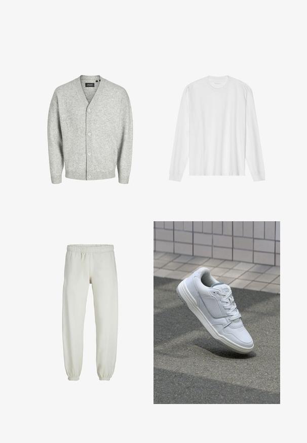 Heledhall hallhalli, mis on valmistatud pehmest kudumisest, V-kaelusega, viie nupuga ees ja soonikuga mansettide ning äärega.; Pika, pikkide varrukatega valge puuvillane T-särk, millel on ümar kaelus ja soonikkoes mansetid. Lihtne, kaunistusteta disain, mis hõlmab siledat tekstuuri ja standardset sobivust.; Valged trennipüksid, mis on valmistatud pehmest kangast, elastse vöökoha ja mansettidega, sileda tekstuuri ja lõdva lõikega.; Valge nahkne toss, millel on perforeeritud külgedega, tekstuuriga aktsendid, lame pael ja kontrastne hall konts. Omab veidi tõstetud tallat.