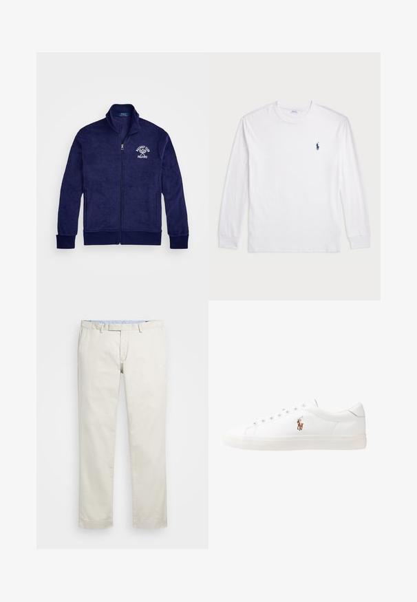 Chaqueta de forro polar azul marino con cremallera y cuello alzado, que presenta el texto blanco "Polo NYC" y un gráfico de raqueta de tenis en el lado izquierdo del pecho. Textura suave.; Camiseta blanca de manga larga hecha de algodón. Presenta un cuello redondo, puños acanalados y un pequeño logotipo de polo azul marino en el lado izquierdo del pecho.; Chinos de algodón color beige con frente plano, presillas para cinturón y bolsillos laterales. Diseño de pierna recta con una textura suave y una sensación ligera y transpirable.; Zapatillas de cuero blancas, diseño de corte bajo, con una textura suave, puntera redonda, cordones en la parte delantera y un pequeño logo bordado en el lateral.
