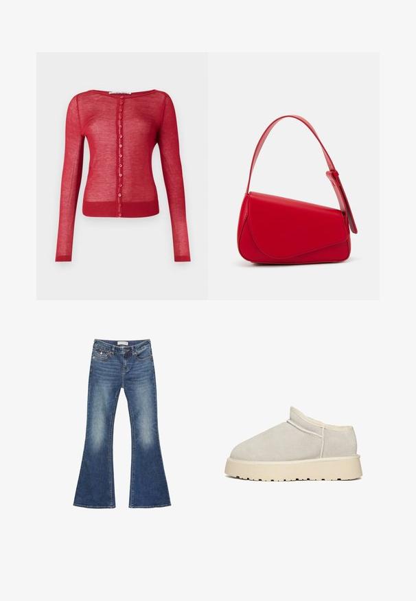 Red long-sleeve cardigan made of sheer fabric, featuring a round neckline, front button closure with round buttons, and ribbed cuffs.; Floral blouse with long puff sleeves, light cream base, featuring purple, orange, and green floral patterns, and classic collar design.; Denim flared jeans in medium blue with fading details. Features a classic five-pocket design and contrast stitching with a button closure.; Beige suede slip-on shoe with a rounded toe, cushioned collar, and a thick cream sole featuring tread for grip. Seam detailing visible.; Red leather handbag with an angular, geometric design. Features a single adjustable strap and a flap closure with stitched detailing.