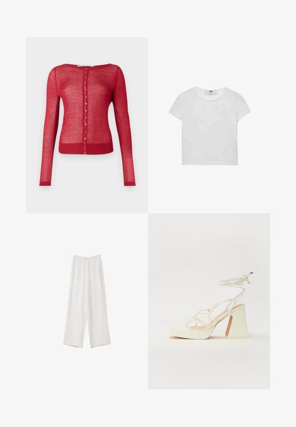 Crvena dugačka kardigan s dugim rukavima od prozirnog materijala, s okruglim izrezom, prednjim zatvaranjem na gumbe s okruglim gumbima i rebrastim manžetama.; Bijela majica kratkih rukava s okruglim izrezom, izrađena od mekanog pamuka, s jednostavnim, čistim dizajnom bez vidljivih uzoraka ili akcenta.; Bijele hlače širokih nogavica napravljene od lagane tkanine. Imaju elastičan pojas s ušicom i bočne džepove. Glatka tekstura.; Bijela sandala na visokoj potpetici s debelim petom, s remenom i vezanjem oko gležnja. Glatka tekstura s platformom sprijeda za dodatnu visinu.