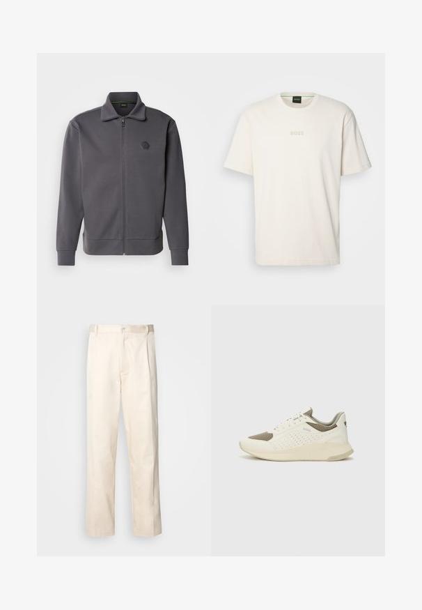Giacca grigia con zip realizzata in tessuto liscio, caratterizzata da un alto colletto, polsini a coste e un logo esagonale sul lato sinistro del petto.; BOSS TEE - T-shirt basic - open white; Pantaloni in cotone beige con taglio dritto, dotati di chiusura a bottone e pence sul davanti per un tocco di dettaglio in più.; Sneaker atletica bianca e beige chiaro, con tomaia in mesh, dettagli perforati e una suola intermedia texturizzata con marchio sul tallone.