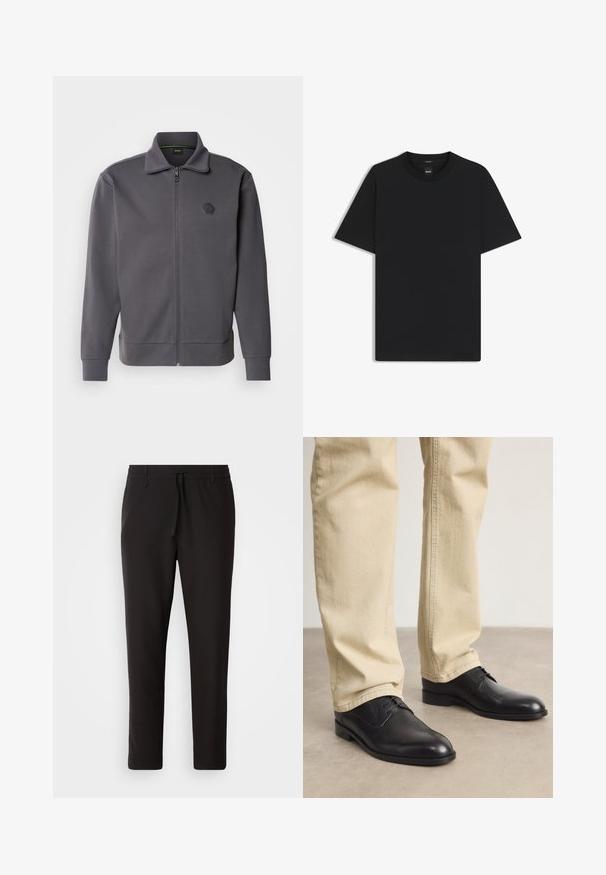 Chaqueta gris con cremallera hecha de tela suave, con un cuello alto, puños acanalados y un logo hexagonal en el lado izquierdo del pecho.; Camiseta negra de manga corta fabricada con una suave mezcla de algodón, que presenta un cuello redondo y un diseño minimalista sin patrones ni acentos.; Pantalones de chándal negros de tejido suave. Cuentan con una cintura elástica con cordón, piernas ajustadas y sin bolsillos visibles. Diseño sencillo.; Zapatos de cuero negro con cordones, puntera redondeada, acabado suave y sutiles detalles de costura, combinados con pantalones de color beige claro.