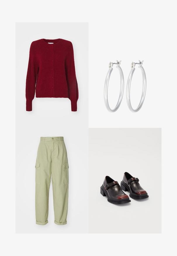 MSCH Copenhagen HOPE CARDIGAN - Cardigan - rhubarb; White ribbed long-sleeve top with a round neckline. Made from a stretchy fabric that hugs the body. Features subtle horizontal lines.; Light green cargo pants made from cotton fabric. Features a high waist, rolled cuffs, and two side cargo pockets for added utility.; Leather block-heeled shoes with a shiny dark burgundy finish, featuring a buckle strap and rounded toe design. Textured outsole for grip.; Silver hoop earrings with a smooth, polished finish. Round shape and secure click-top closure. Lightweight design suitable for everyday wear.
