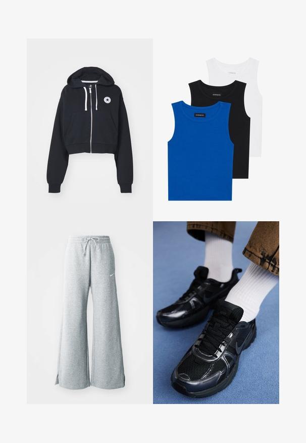Cropped black hoodie in cotton blend, featuring a front zip, two side pockets, white drawstrings, and a circular logo patch on the left chest.; Three sleeveless shirts in blue, black, and white. The fabric is ribbed with a round neckline. Each shirt has a tag labeled “even&odd.”; Light gray sweatpants made of soft fabric, featuring a drawstring waist, wide legs, and side slits. Nike logo subtly displayed.; Black Nike sports shoes feature a mesh upper with shiny accents, black laces, and a textured sole. Paired with white ribbed socks.