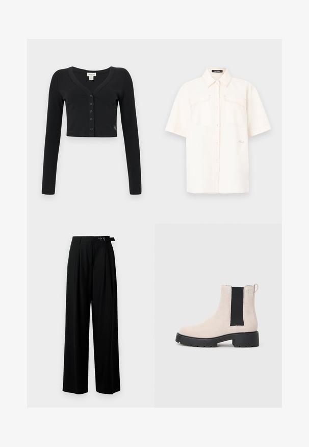 Svart cropped cardigan laget av ribbestrikket stoff. Har lange ermer, V-hals og en rad med seks knapper foran. Minimalistisk design.; Kortermet, kremfarget skjorte laget av lett stoff, med to frontlommer, knappestolpe og kontraststing.; Svarte vide bukser med høy livlinje, folder foran og belte med spenne. Laget av glatt, lett materiale.; Beige semsket Chelsea-støvel med svart elastisk sidepanel, kraftig svart såle og trekkflik ved ankelen.