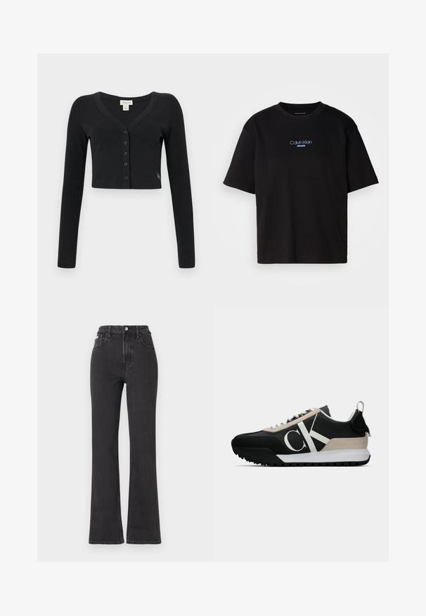 Černý zkrácený kardigan vyrobený z žebrované tkaniny. Má dlouhé rukávy, výstřih do V a řadu šesti knoflíků vpředu. Minimalistický design.; Černé bavlněné tričko s kulatým výstřihem a krátkými rukávy, s modrou vyšitou nášivkou "Calvin Klein JEANS" na přední straně.; Černé vysoké rozšířené džíny z denimu, se zapínáním na knoflík, poutky na opasek a bočními kapsami. Hladká textura s minimálním vyblednutím.; Černé tenisky s béžovým semišovým akcentem, bílým logem, gumovou skluznicí a tkaničkami. Nabízejí odolný svršek a poutko na patě.