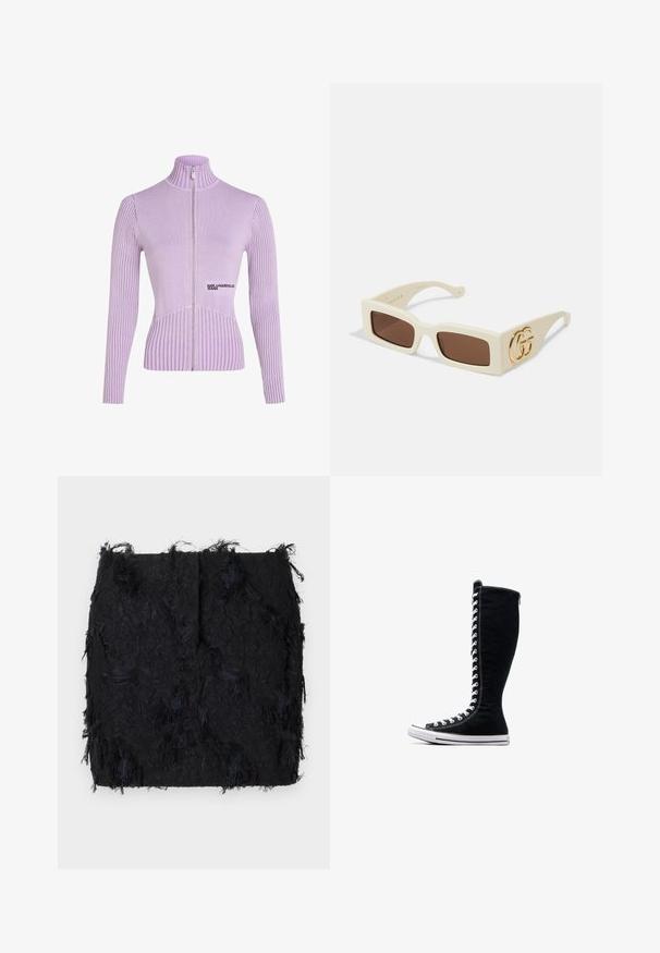 Lavandos spalvos zip-up megztinis su raibais audiniais, aukšta apykakle ir ilgomis rankovėmis. Priekyje yra logotipas ir prigludusi siluetas.; Duos bežinių megztų be rankovių turndekų, vienas rudas, kitas juodas, pristatyti ant balto fono.; Juodas tekstūruotas sijonas su sluoksniuota puošyba ir šiek tiek nelygiu apdaila, pagamintas iš lengvos medžiagos.; Juodos aukštos sportinės bateliai su aukštu dizainu, pagaminti iš kanvo. Su baltais raišteliais, siūlėmis ir guminėmis padais su pirštų kepurėle.; Balti stačiakampiai saulės akiniai su rudais lęšiais. Šone yra ryškus auksinis GG logotipas. Pagaminti iš struktūrinės plastiko medžiagos.