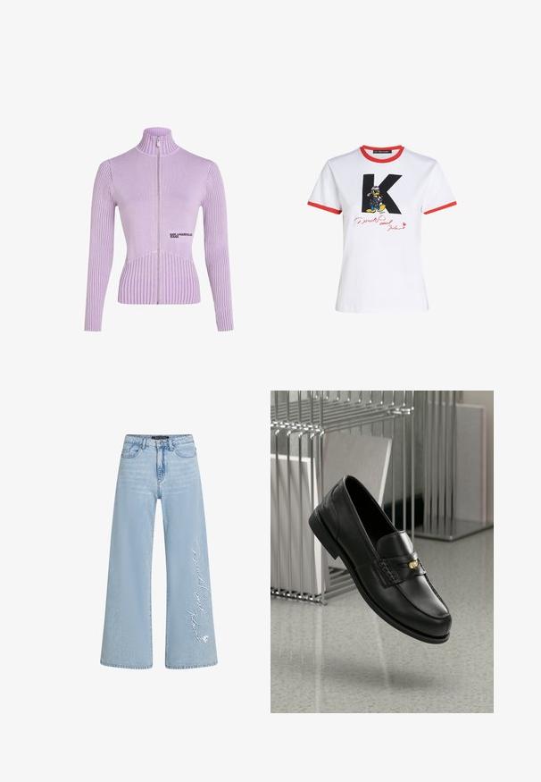 Lavender zip-up sweater with a ribbed texture, high collar, and long sleeves. Features a logo on the front and a fitted silhouette.; White cotton t-shirt with red neckline and sleeve hems. Features a black 'K' and Donald Duck graphic with a signature in red.; Light blue wide-leg jeans in denim with stitched "Donald and Daisy" text on the left leg. Features classic five-pocket design and belt loops.; Black leather loafers with a smooth finish, featuring a decorative band and small gold accent. The sole is flat with a rounded toe.
