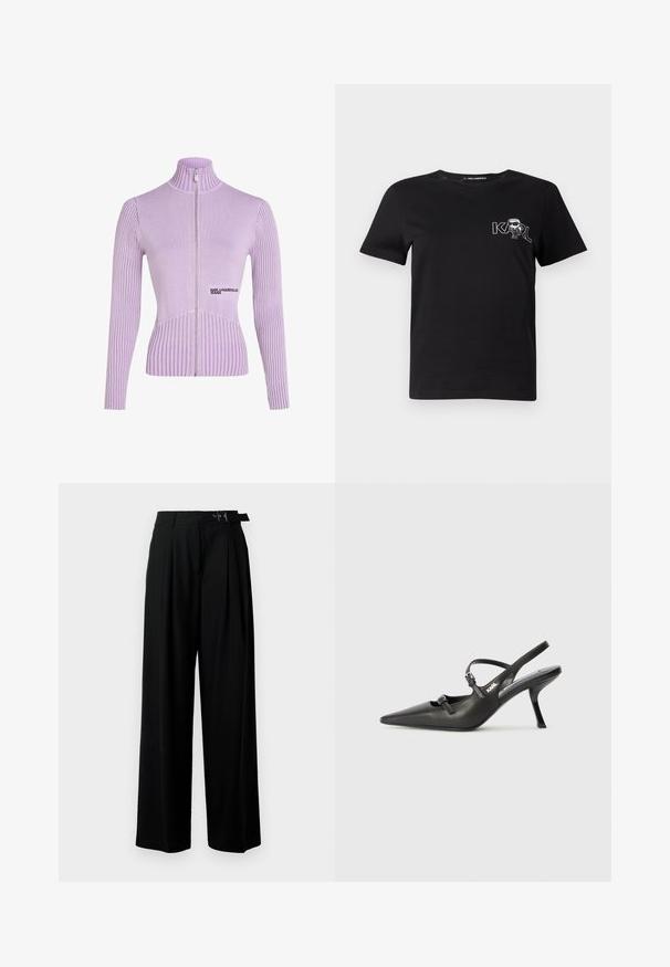 Lavandos spalvos zip-up megztinis su raibais audiniais, aukšta apykakle ir ilgomis rankovėmis. Priekyje yra logotipas ir prigludusi siluetas.; Juodas trumpomis rankovėmis marškinėliai, pagaminti iš medvilnės. Puošia balta grafika su tekstu "KARL" ir stilizuotu figūra ant krūtinės. Apvalus iškirpimas.; Juodos plačios kojų kelnės su aukštu liemeniu, priekinėmis klostėmis ir diržu su sagtimi. Pagamintos iš lygaus, lengvo audinio.; Juodi odiniai slingback kulniukai su smailiu pirštu, siauru kulnu ir dekoratyvine sagtimi viršuje. Lygus paviršius ir elegantiškas dizainas.