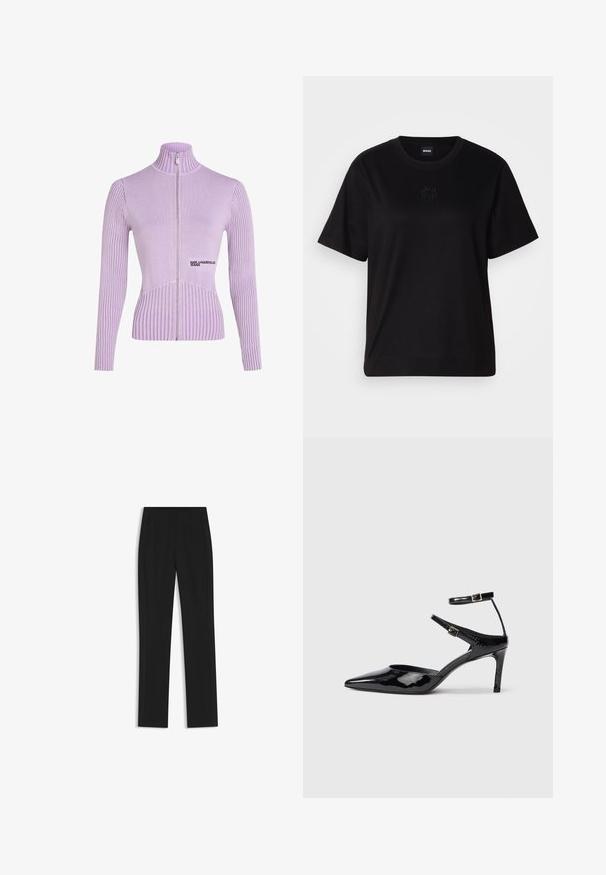 Lavendel Zip-Up-Pullover mit gerippter Textur, hohem Kragen und langen Ärmeln. Mit einem Logo auf der Vorderseite und einer taillierten Silhouette.; Schwarzes Baumwoll-T-Shirt mit Rundhalsausschnitt, kurzen Ärmeln und aufgesticktem Logo auf der Brust. Einfacher, lässiger Schnitt ohne Muster.; Schwarze maßgeschneiderte Hose mit geradem Bein, ausgestattet mit Fronttaschen und einem glatten, strukturierten Stoff. Saubere, minimale Details.; Schwarze Lacklederabsätze mit spitzer Zehenpartie, verstellbaren Knöchelriemen und einem schlanken Absatz. Glatte Textur mit glänzender Oberfläche.