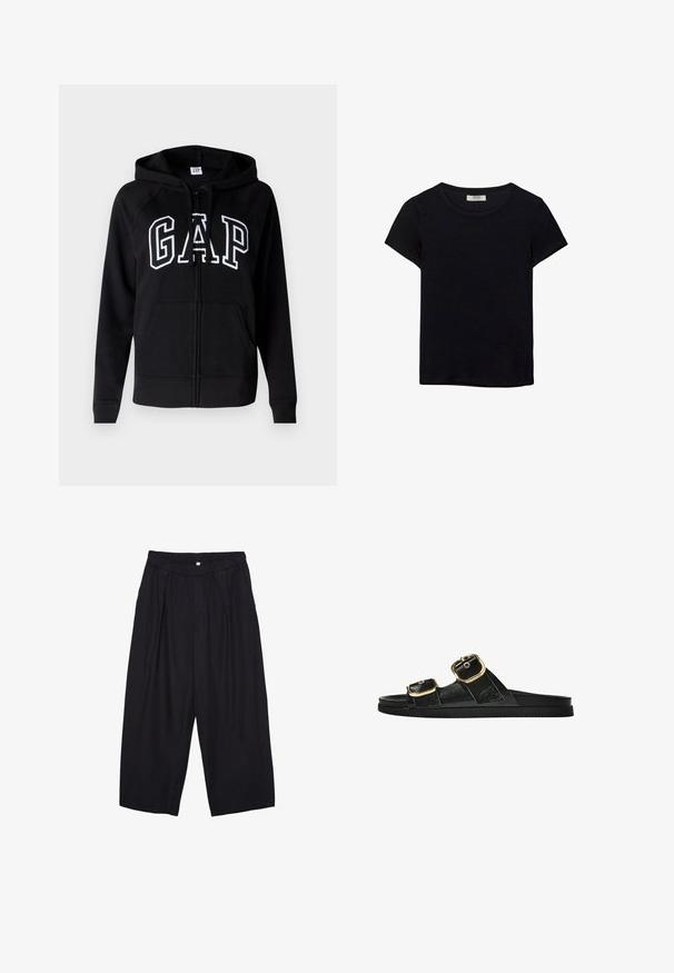 GAP HERITAGE - Mikina so zipsom - true black; Čierne tričko s krátkym rukávom vyrobené z jemného materiálu. Má klasický okrúhly výstrih a voľný strih. Bez vzorov alebo akcentov.; Čierne polyesterové culotte nohavice s elastickým pásom, dvoma prednými záhybmi a voľným strihom. Žiadne viditeľné vzory ani detaily z kovu.; Čierne šľapky s dvoma zlatými prackami, hladký textúrovaný materiál, plochá podrážka a minimalistický dizajn.