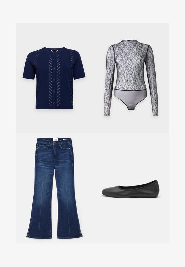 Marineblauwe gebreide cardigan met korte mouwen, voorzien van uitsnijdingen en een knoopsluiting aan de voorkant. Zachte, gestructureerde stof met een aansluitende pasvorm.; Zwarte lange mouwen bodysuit van doorschijnende kant met bloemenpatronen. Heeft een hoge halslijn en contrasterende zwarte afwerking aan de randen en de zoom.; Donkerblauwe uitlopende jeans gemaakt van denim. Beschikt over een hoge taille, voorzakken en splitdetails aan de zoom. Klassiek vijfzakontwerp.; Zwarte leren ballerina met een ronde neus, gladde textuur, minimale stikdetails en een flexibele zoolontwerp.