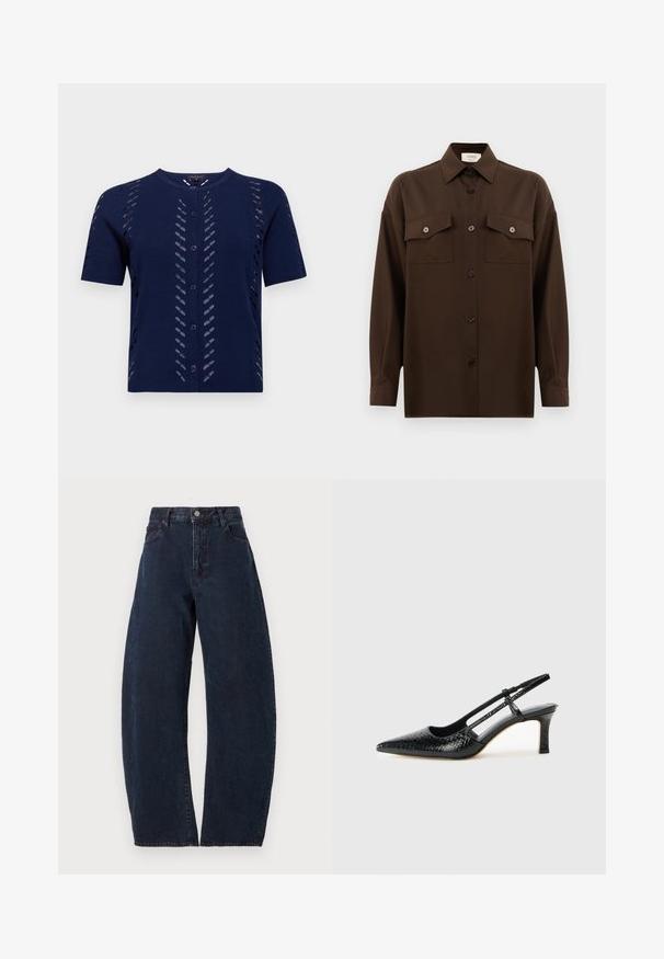 Marinefarbener Strickcardigan mit kurzen Ärmeln, der mit Ausschnittmustern und einer Knopfleiste ausgestattet ist. Weicher, strukturierten Stoff mit taillierter Silhouette.; Dunkelbraunes Langarmhemd mit Knopfleiste, zwei Brusttaschen mit Klappe und klassischem Kragen, vor einem schlichten weißen Hintergrund präsentiert.; Hoch taillierte, weit geschnittene Jeans aus dunkelblauem Denim. Mit Knopfverschluss, fünf Taschen und subtiler Textur. Keine sichtbaren Muster oder Akzente.; Schwarze Lack-Slingback-Pumps mit spitzem Zehenbereich, versehen mit strukturiertem Schlangenprint, verstellbarem Riemen und einem kurzen, strukturierten Blockabsatz.