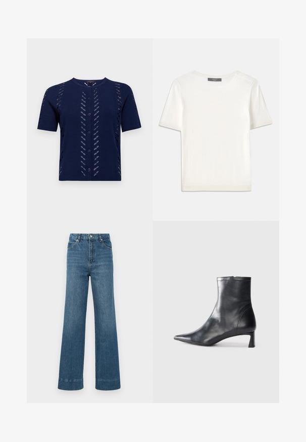 Námořnický pletený kardigan s krátkými rukávy, který má výřezy a zapínání na knoflíky. Měkká, strukturovaná tkanina s přiléhavým střihem.; Bílý pletený top s krátkým rukávem a kulatým výstřihem, s hladkou strukturou a jemnými ribovými akcenty na rukávech a lemu.; Modré džíny s širokými nohavicemi mají vysoký pas, pět kapsičkový design a třepený lem. Tkanina má hladkou texturu s lehkým vyblednutím.; Černé kožené kotníkové boty s špičatou špičkou a elegantním designem. Mají nízký podpatek a zipové zapínání na zadní straně. Hladká textura.