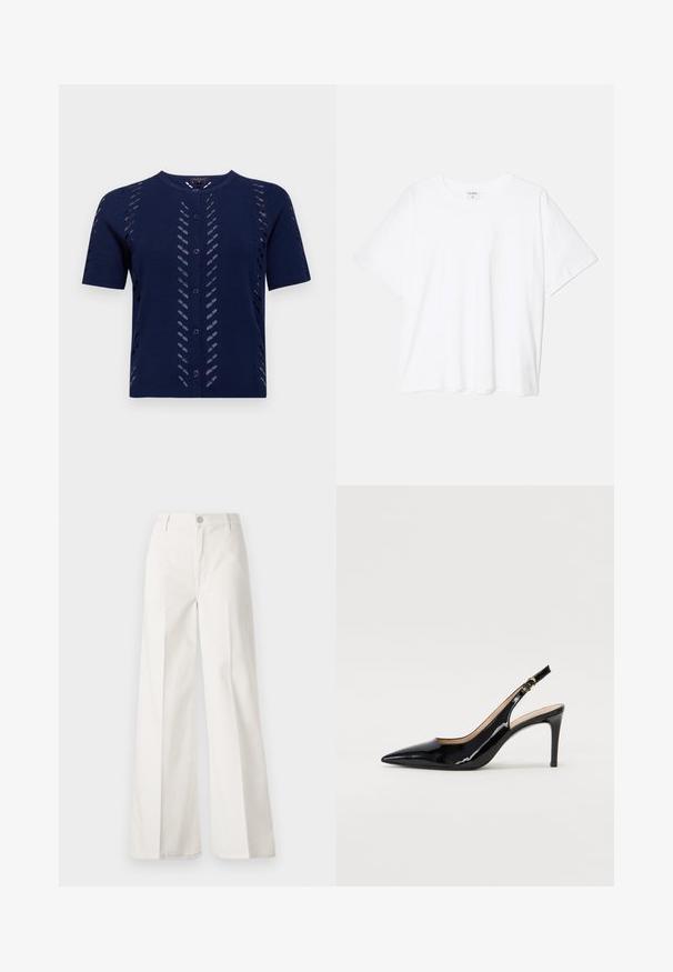 Navy knitted cardigan with short sleeves, featuring cut-out patterns and button front closure. Soft, textured fabric with a fitted silhouette.; White cotton t-shirt with short sleeves, round neckline, relaxed fit, and stitched hem. Label visible on the inside neck.; White wide-leg trousers made from cotton with a smooth texture. Features a front button, zipper fly, and four-pocket design.; Black patent leather slingback pump with pointed toe, slim heel, and a subtle cutout design. Features a gold buckle on the strap.
