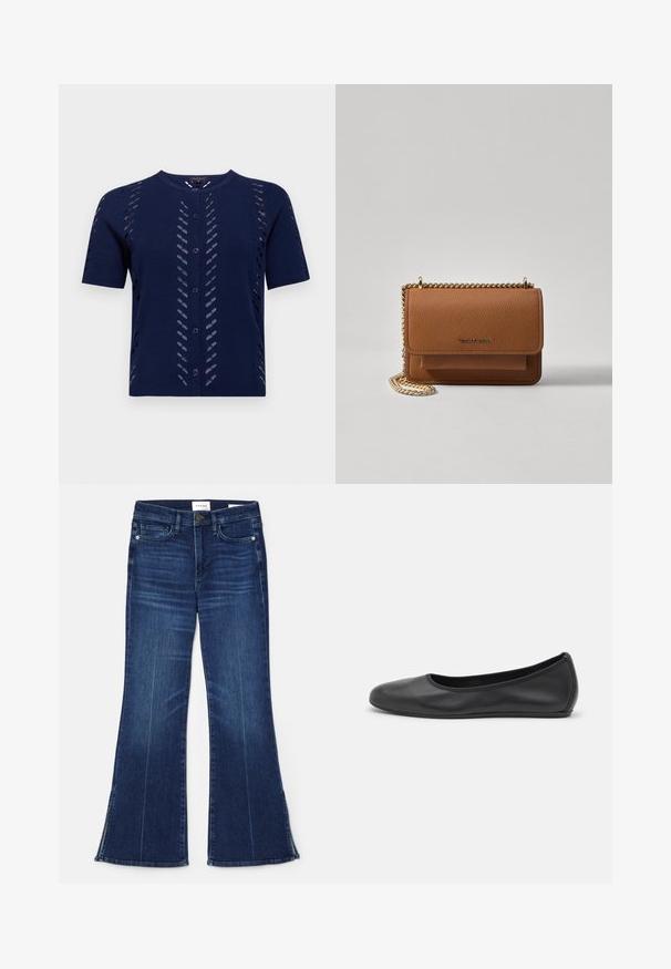 Tumesinine kootud kardigan lühikeste varrukatega, millel on lõikega mustrid ja nööbiga esiosa. Pehme, tekstureeritud kangas sobib hästi ja rõhutab figuuri.; Must riibuline tuunikas ümarate kaelustega, vormatud lõikega ja õmblusteta servadega. Kanga materjal on pehme ja veniv. Etikett ütleb "LAUREN."; Tumedat sinised laiad teksad, mis on valmistatud denimist. Omavad kõrget vööd, eesmine taskud ja lõhikud hemmi juures. Klassikaline viie-tasku disain.; Musthave mustika tantsutossud mustast nahast, ümmarguse varbaga, siledast tekstuurist, minimaalse õmblusdetailiga ja paindliku tallakujundusega.; Pruun tekstureeritud nahk ristkeha kott kuldse ahelaga rihmaga ja klapiga sulgemine. Esiküljel on logo detail ja tasku klapi all.