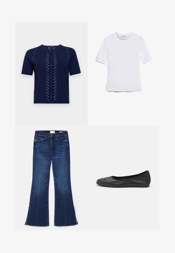 Merihenkinen neulotut neuletakki lyhyillä hihoilla, jossa on leikattuja kuvioita ja nappikiinnitys. Pehmeä, teksturoitu kangas, joka muotoilee vartalon.; Valkoinen lyhythihainen t-paita, joka on valmistettu ribbytedusta kankaasta. Pyöreä pääntiie, normaali istuvuus ja hienovaraiset ompeluyksityiskohdat. Ei kuvioita tai grafiikkaa.; Tummansiniset leveälahkeiset farkut, jotka on valmistettu denimmateriaalista. Ominaisuuksiin kuuluu korkea vyötärö, etupocketit ja halkiokohdat helman kohdalla. Klassinen viiden taskun muotoilu.; Musta nahkainen ballerina, jossa on pyöristetty kärki, sileä pinta, minimaalinen ommelkoristelu ja joustava pohjamuotoilu.