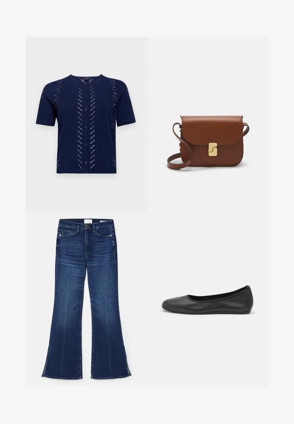 Tumesinine kootud kardigan lühikeste varrukatega, millel on lõikega mustrid ja nööbiga esiosa. Pehme, tekstureeritud kangas sobib hästi ja rõhutab figuuri.; Valge lühikeste varrukatega T-särk ribatud kangast. Ümara kaelusega, tavalisest sobivusest ja peente õmbluse detailidega. Ilma mustrite või graafikateta.; Tumedat sinised laiad teksad, mis on valmistatud denimist. Omavad kõrget vööd, eesmine taskud ja lõhikud hemmi juures. Klassikaline viie-tasku disain.; Musthave mustika tantsutossud mustast nahast, ümmarguse varbaga, siledast tekstuurist, minimaalse õmblusdetailiga ja paindliku tallakujundusega.; Pruunist nahast käekott, millel on klapiga sulgur, kuldne riistvara, õlarihm ja sile tekstuur. Kompaktne ristkülikukujuline vorm.