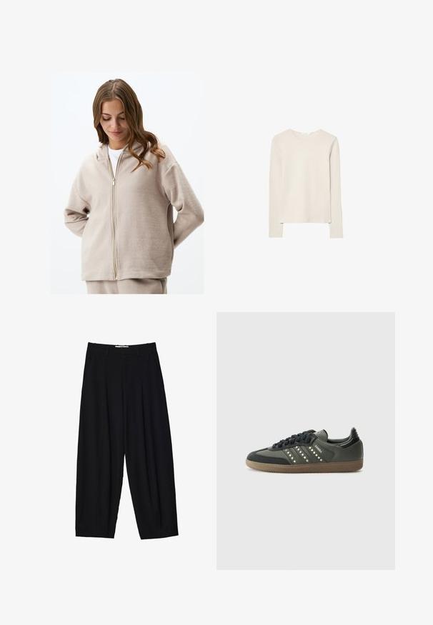 Beige Zip-up-Hoodie aus weichem Fleece. Mit Kapuze mit Kordelzug, langen Ärmeln und lockerer Passform. Goldfarbene Reißverschlussbeschläge setzen Akzente.; Hellbeige Langarmshirt aus weichem Stoff, mit Rundhalsausschnitt und lockerer Passform, geradem Saum und minimalen Nähdetails.; Schwarze weit geschnittene Hose aus leichtem Stoff, mit vorderen Falten, klassischem Bund und seitlichen Taschen. Angenehme Struktur.; adidas Originals SAMBA OG - Sneaker low - core black/legend earth/gum