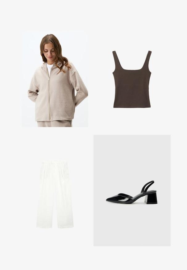 Beige zip-up hoodie gemaakt van zachte fleece. Wilt een trekkoordkap, lange mouwen en een relaxte fit. Gouden rits hardware voegt detail toe.; Bruine tanktop zonder mouwen met een vierkante halslijn, gemaakt van zachte, rekbare stof. Heeft een aansluitend ontwerp en platte naden.; Witte wijde broek gemaakt van een lichte stof, met een vlakke voorkant, plooien en een tailleband, die een losse, luchtige pasvorm biedt.; Zwarte gepatineerde leren slingback hakken met een spitse neus en een geometrische blokhak. Kenmerkt zich door een slank, minimalistisch ontwerp en een gladde textuur.