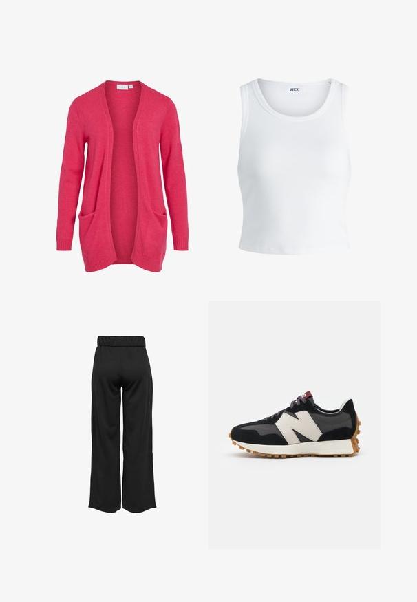 Pink cardigan made of soft fabric, featuring an open front, long sleeves, and two front pockets. Smooth texture with ribbed cuffs.; White ribbed tank top featuring a round neckline, sleeveless design, and a cropped length. Label reads "JJXX." Smooth fabric texture.; Black, wide-leg pants with an elastic waistband, made from smooth fabric. Features a clean design with no pockets or visible stitching details.; Black and gray suede sneaker with a large cream-colored "N" logo, purple laces, and a textured gum rubber outsole.