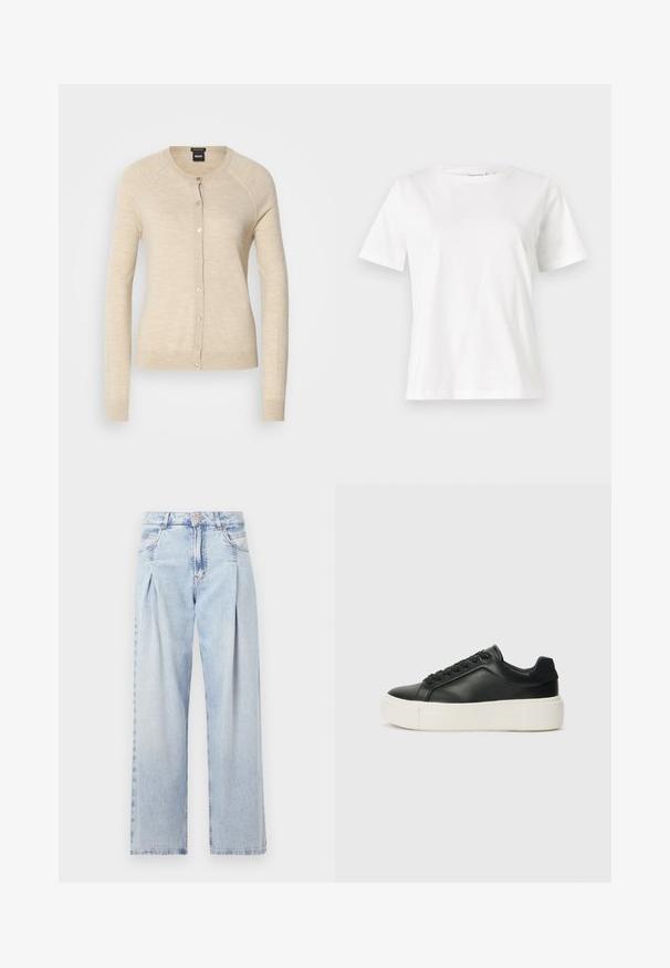 Beige kofta med långa ärmar, rund halsringning och knappstängning. Tillverkad av mjukt tyg med slät yta och subtil lyster.; Vit bomullströja med korta ärmar, rund halsringning och en avslappnad passform. Slät textur, inga mönster eller detaljer, minimalistisk design.; Ljust blå denimjeans med hög midja, vida ben, två sidofickor och veckad design. Mjuk textur med en blekt finish.; Schwar zeichnet sköna sneakers med rundad tå, vit plattformssula och svarta snören. Har en diskret logotyp på hälen och en mjuk struktur.