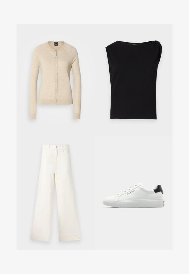 Cardigã bege com mangas longas, decote redondo e fecho por botão. Feito de um tecido suave com uma textura lisa e um brilho subtil.; Top preto de manga curta feito de tecido suave. Apresenta um decote redondo e detalhe drapeado no ombro. Design simples e ajustado.; Calças largas em algodão bege claro. Apresentam uma cintura alta, bolsos frontais e um corte reto. Acabamento de bainha limpo, sem padrões.; Sapatilha branca com acabamento liso, detalhe preto no calcanhar e design com atacadores. Apresenta a marca "Calvin Klein" na lateral. Estilo minimalista.
