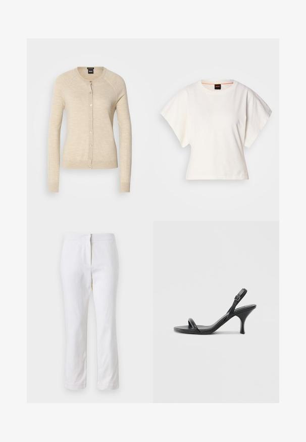 Cardigã bege com mangas longas, decote redondo e fecho por botão. Feito de um tecido suave com uma textura lisa e um brilho subtil.; T-shirt branco cropped, mangas curtas e largas, material de algodão suave, decote redondo com um discreto acabamento laranja, design minimalista, sem padrões ou gráficos.; Calças de algodão brancas com um design de perna reta, apresentando uma cintura de altura média e sem hardware ou padrões visíveis. Textura suave por toda a peça.; Sandálias de salto alto em couro preto com um salto curvado e fino e um design de tiras cruzadas. Correia ajustável no tornozelo. Textura suave.