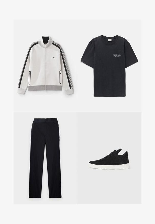 Veste zippée gris clair avec des accents noirs. Présente un col côtelé, des manches rayées et deux poches latérales zippées ; tissu texturé.; T-shirt noir à manches courtes et col rond avec un petit logo « Filling Pieces » en blanc sur la poitrine gauche.; Pantalon noir en tissu léger et texturé, avec une coupe droite, une taille élastique et des poches zippées sur les côtés.; Baskets en daim noir avec une semelle en caoutchouc blanc, présentant des coutures tonales et un design lacé. Texture lisse avec une forme moderne et épurée.