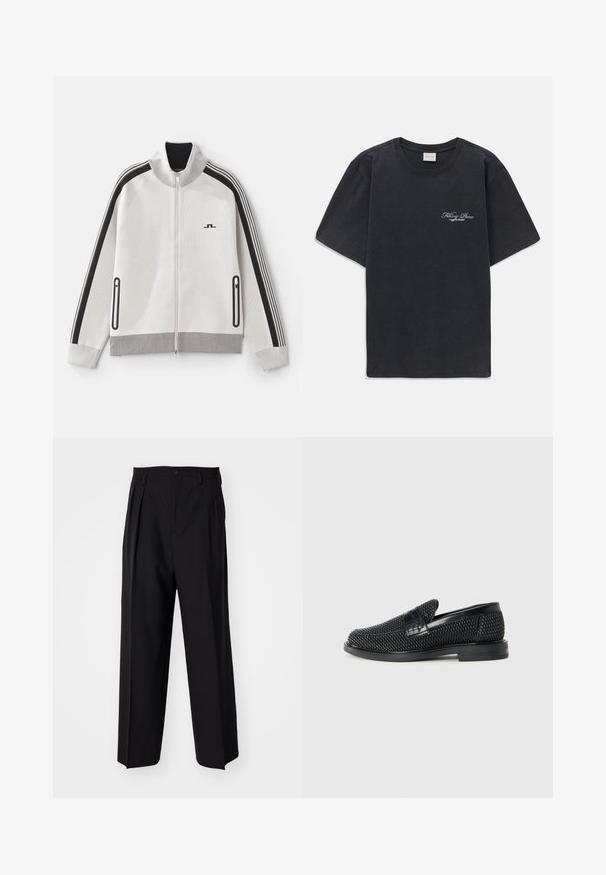 Šviesiai pilkas zip-up švarkas su juodomis detalėmis. Yra krakmolai, dryžuoti rankovės ir dvi užtrauktukais uždaromos šoninės kišenės; tekstūruota medžiaga.; Juodas trumpomis rankovėmis, apvaliu kaklu marškinėliai su mažu baltu "Filling Pieces" tekstiniu logotipu kairiajame krūtinės kampe.; Juodi klostuoti kelnių, su tiesiu, plačiu kojų dizainu. Pagaminti iš lygios medžiagos, su mygtukų uždarymu ir diržo kilputėmis.; Juodas pintas slip-on tipo batelis su lygiu odiniu akcentu viršuje, apvalios nosies dizainas ir žemas guminis padas.