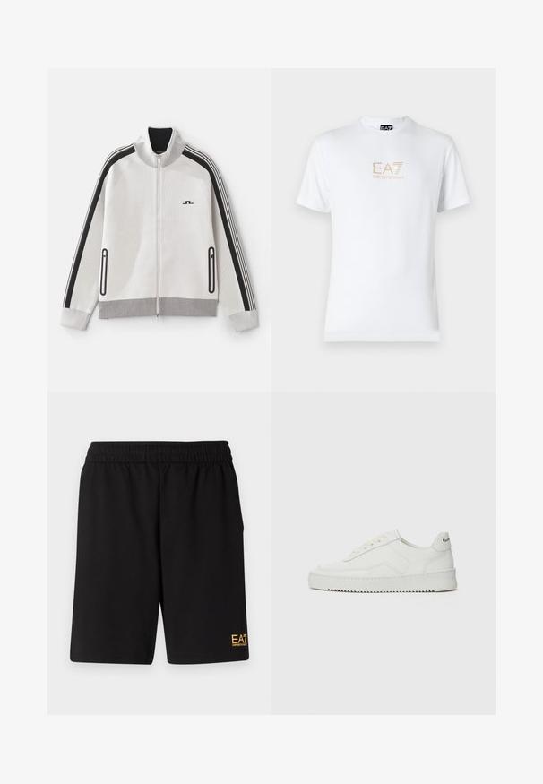 Harmaa vetoketjullinen takki mustilla yksityiskohdilla. Ominaisuuksiin kuuluu ribbireunus, raidalliset hihat ja kaksi vetoketjullista sivutaskua; teksturoitu kangas.; Valkoinen puuvillapaita, jossa on pyöreä kaula-aukko ja lyhyet hihansuut. Paidassa on etupuolella kultainen EA7 Emporio Armani -logo.; Mustat urheilushortsit, jotka on valmistettu pehmeästä kankaasta. Kengissä on joustava vyötärönauha ja pieni keltainen EA7-logo vasemmassa alakulmassa.; Valkoinen nahkakenkä, jossa on sileä pinta, pyöreä kärki, tasaiset nauhat ja teksturoitu pohja. Sisältää huomaamattoman logon kantapäässä.