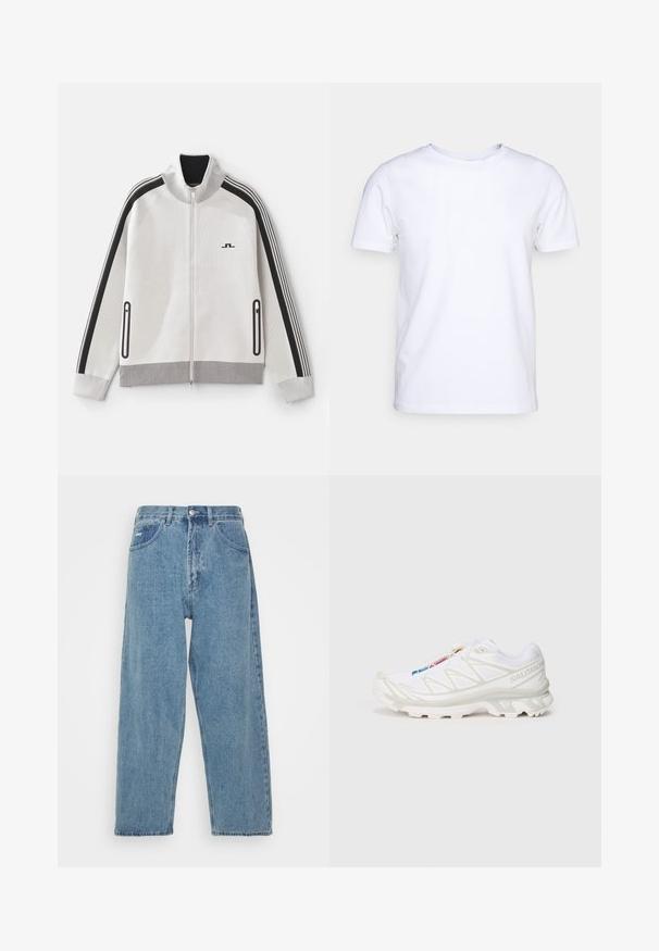 Harmaa vetoketjullinen takki mustilla yksityiskohdilla. Ominaisuuksiin kuuluu ribbireunus, raidalliset hihat ja kaksi vetoketjullista sivutaskua; teksturoitu kangas.; Valkoinen lyhythihainen t-paita puuvillakankaasta, jossa on pyöreä pääntie. Yksinkertainen muotoilu ilman kuvioita tai korostuksia. Tasainen rakenne.; Vaaleansininen farkkutakki, jossa on korkea vyötärö ja renforceettu istuvuus, kahdella etutaskulla, takataskulla ja nappisululla.; Valkoiset urheilukengät, joissa on teksturoitu verkkomateriaali, heijastavat yksityiskohdat ja pehmustettu pohja. Huomattava brändilogo sivussa.