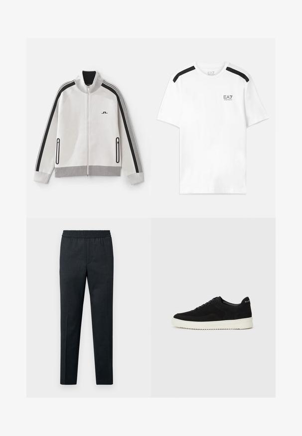Lys grå hettejakke med svarte detaljer. Har ribbet krage, stripete ermer, og to glidelåslommer på siden; teksturert stoff.; Hvit kortermet t-skjorte med svarte aksentstriper på skuldrene. Har en liten svart logo på brystet. Laget av mykt, glatt stoff.; Mørkegrå bukser med elastisk midjebånd, rett ben, mykt stoff og uten synlige lommer eller mønstre.; Svart semsket sneakers med snøring og kontrasterende hvit gummisåle. Har teksturerte sidepaneler og subtil merkevare på hælen.